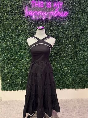 LOFT Black Cross-Strap Tiered Maxi Dress with Scallop Trim